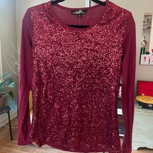 Joan Boyce Sparkling Sequin Long Sleeve Top - Burgundy